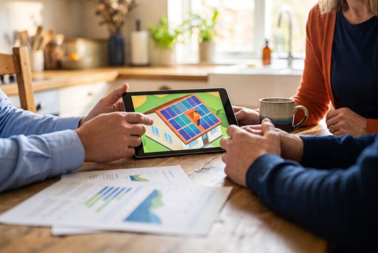 Photovoltaik-Beratung am Küchentisch mit Dachbelegungsplan auf dem Tablet
