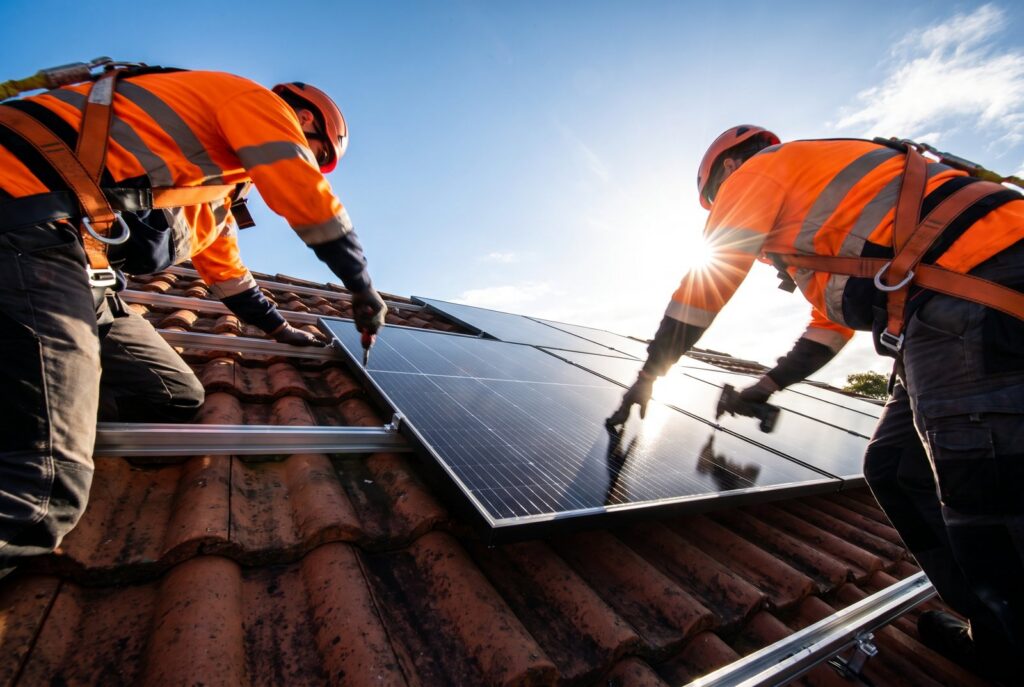 Zwei Solarteure montieren Solarmodule auf einem Ziegeldach
