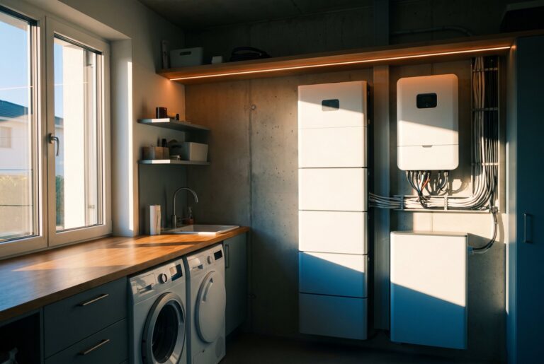 Batteriespeicher und Hybrid-Wechselrichter im Hauswirtschaftsraum eines Einfamilienhauses